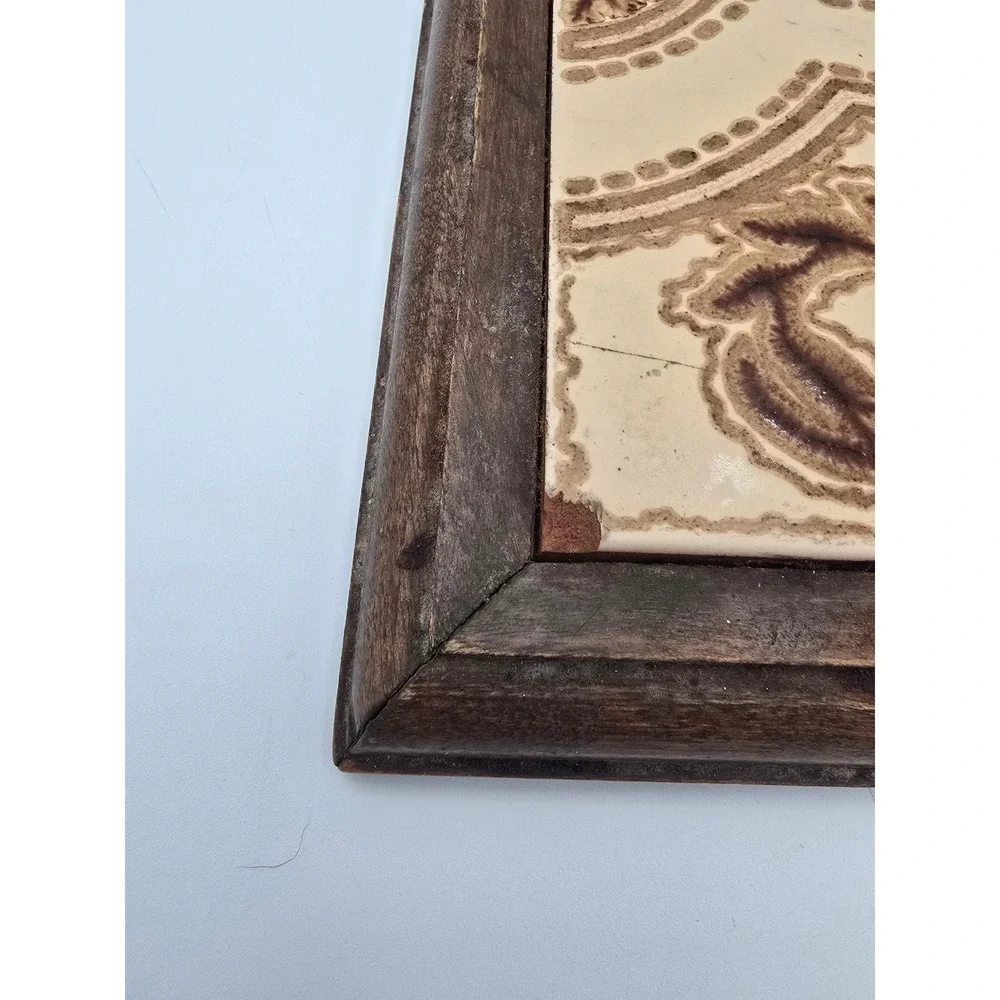 Vintage Framed Ceramic‎ Tile Made in Italy Brown Floral Scroll 9.25in